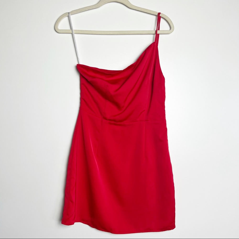 About us red one shoulder mini dress
